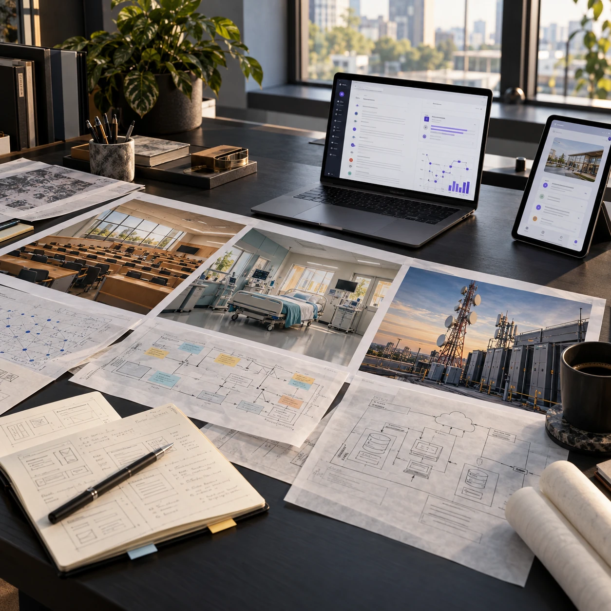 Conceptual planning workspace with education, healthcare and telecom references, system diagrams and software screens.