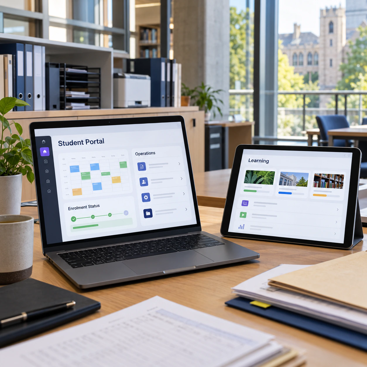 Unoccupied education workspace with a student portal and digital learning dashboard.